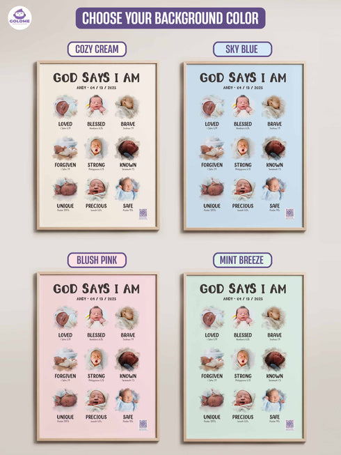 Personalized “God Says I Am” Baby Poster – Christian Nursery Wall Art with Photo & Bible Verses
